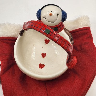 St. Nicholas Square Snowman Basket Candy Dish Button Up with Stocking China 7"