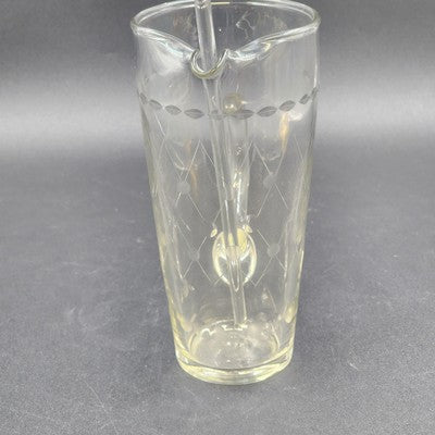 Etched Clear Glass Martini Pitcher 1 Qt w/ Stirrer Fused Handle 8"