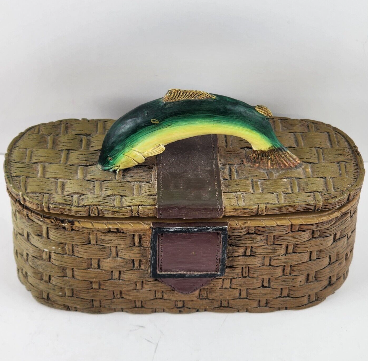 Resin Fishing Basket Trinket Box Greens and Browns Jumping Fish Handle 7" x 4.5"