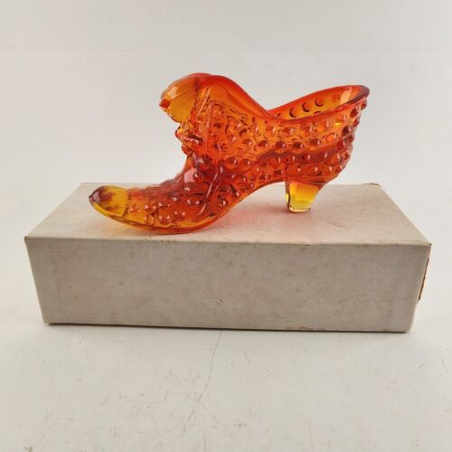 Fenton Hobnail Amber Glass Shoe Cat Head Art Glass Slipper Vintage Boot Amberina