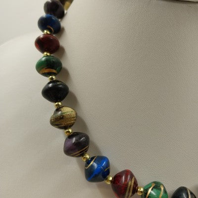 Gold Tone Beaded & Multicolor Fiesta Beaded w Swirl Gold Lightweight Necklace 18"