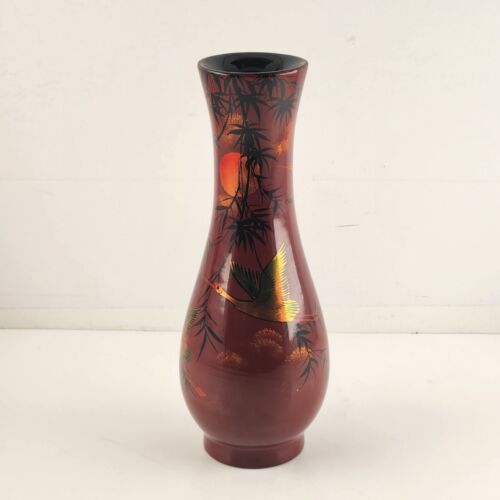 Bud Vase Maroon Red Overlay Gold Geese Black Trees Asian Sun Vintage Vietnam