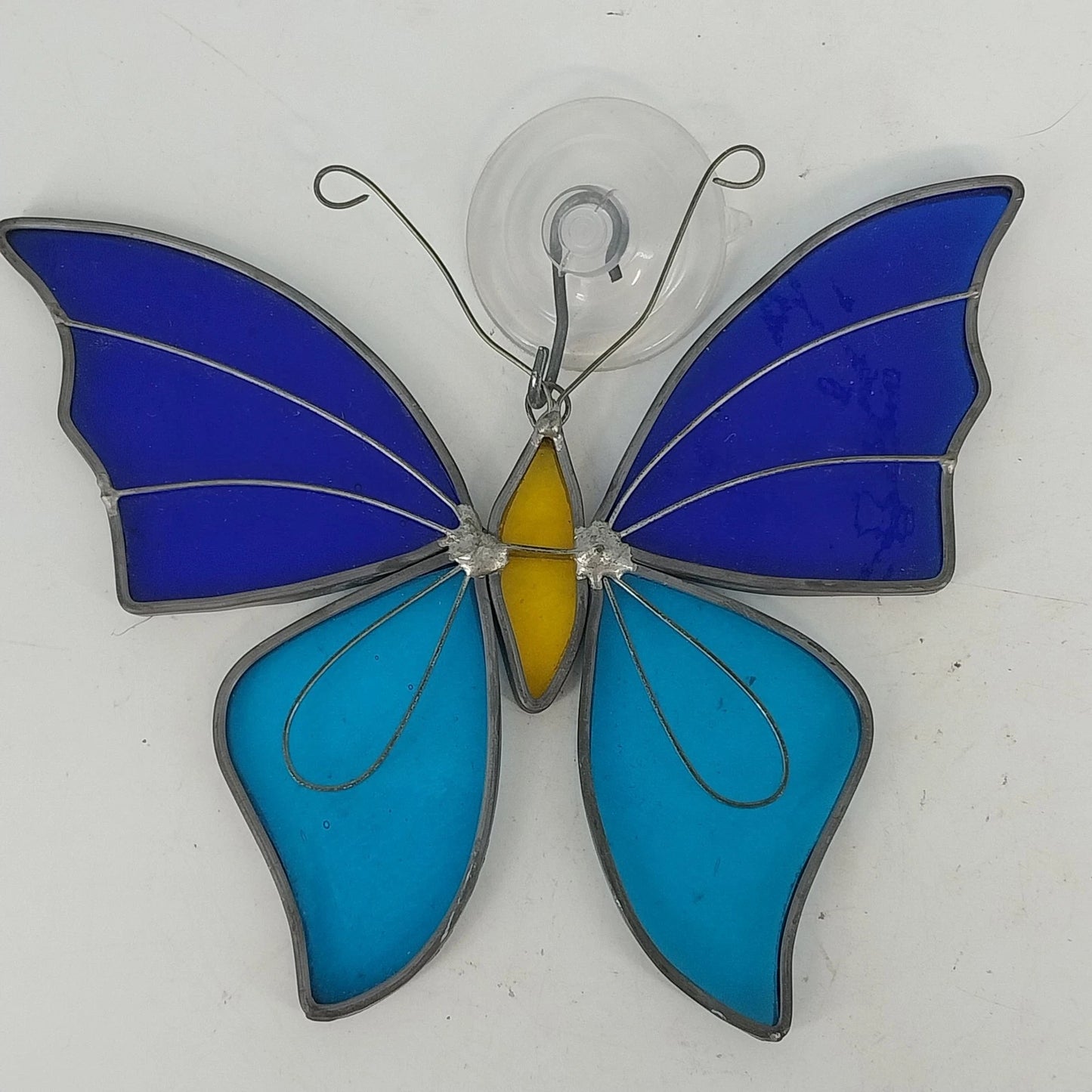 Blue Stained Glass Butterfly Suncatcher Tiffany Style Window Hang 7" Suction Cup