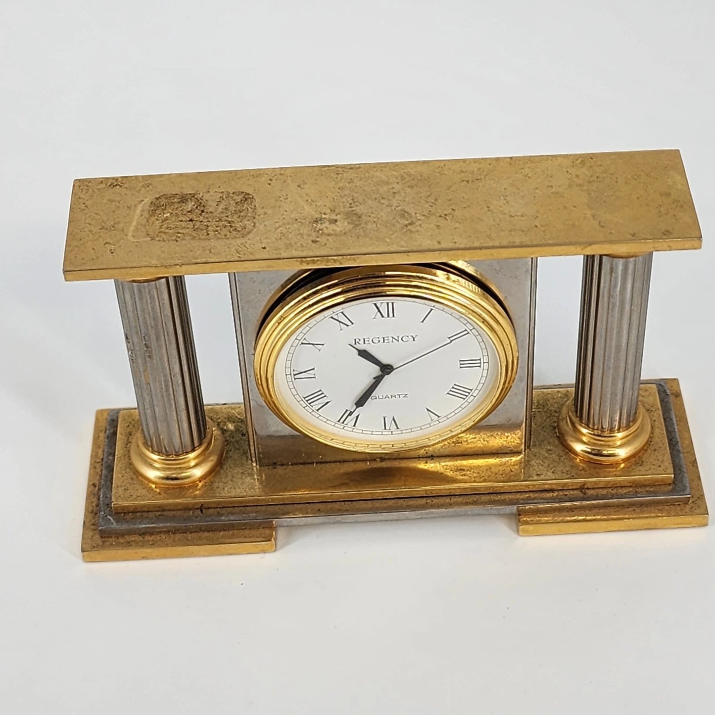 Regency Quartz Desk Mantel Clock Two Tone Gold Silver 5" Long Repair/Parts Only