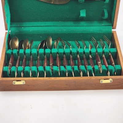 Dessert Flatware Set Nickel Bronze & Teakwood James Thailand 19 Pc Broken Server
