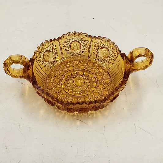 Amberina Cut Glass Nappy Bowl Hobstar Pattern 2 Handles Sawtooth Edge 8.75"