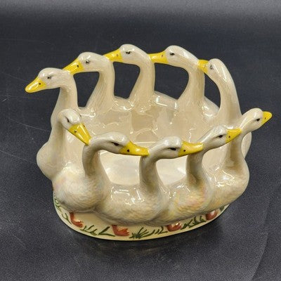 Ceramic Bowl 9" Planter Holland Mold Circle Of Ducks Signed Homemade Vintage 80s