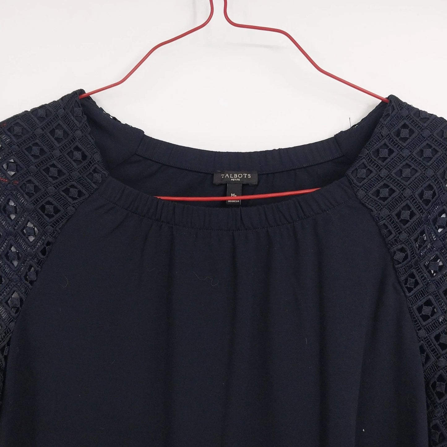 Talbots Petite Navy Blue Lace Sleeve Blouse Women MP 3/4 Sleeve Crochet Knit Top