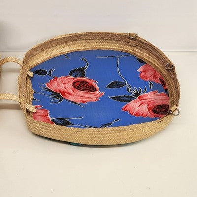 Woven Raffia Hat Box Suitcase Train case Blue Floral Travel 16" Boho Vintage