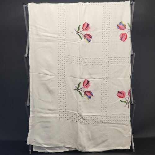 Vintage Tablecloth White Linen Embroidered Tulips and Cut Work