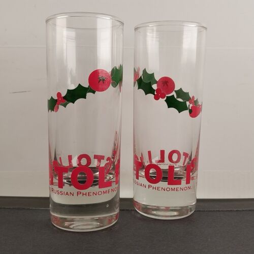 2 Stoli Russian Vodka Clear Tall Shot Glasses Barware Holly Mistletoe Christmas