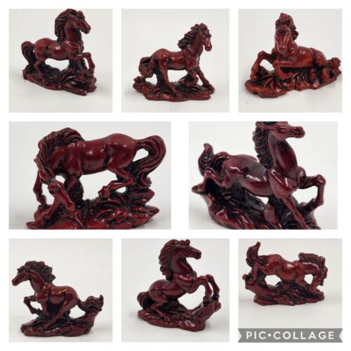 8 Horse Set Qing Feng Chinese Molded Red Resin Horses Sculpture Figurines 3"high