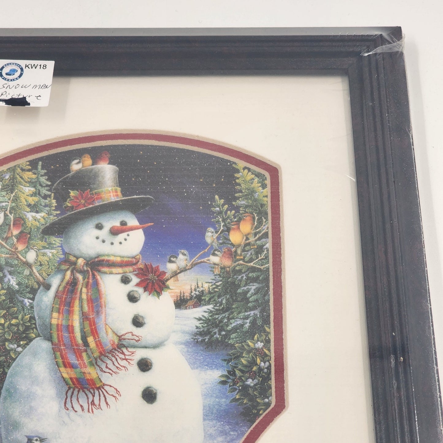 Feathered Friends Snowman Birds Framed Art 8x10 Sealed Matted Dark Wood Frame US