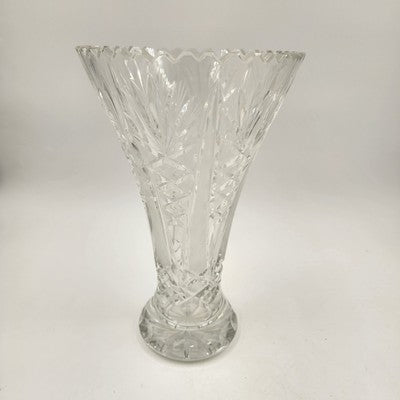 Clear Crystal Vase 12"x7" Waisted Corset Shape Hand Cut Floral Design Vintage