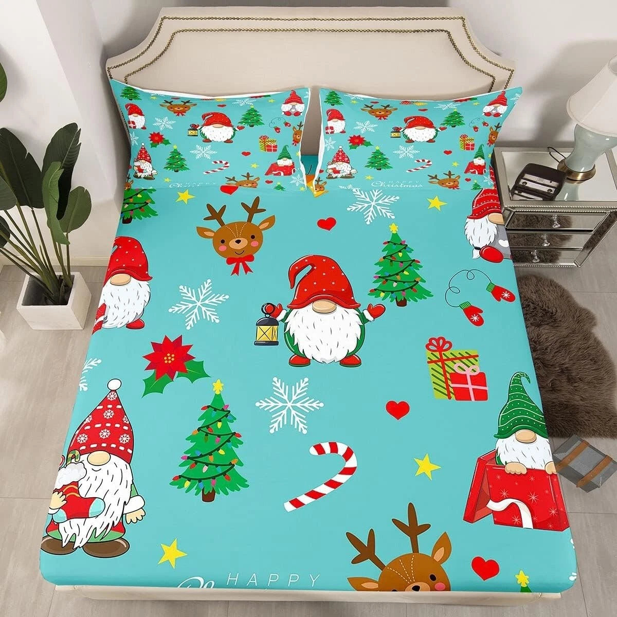 Santa Gnomes Queen Bed Sheet Set Cute Reindeer Christmas Holiday Bedding New