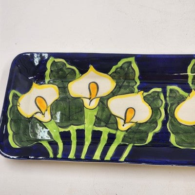Hand Painted Bread Server Plate 16" Talavera Calla Lilies Mexico Signed Mexico Q