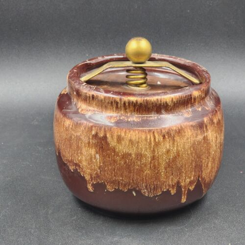 Loose Tobacco Jar Vintage Humidor Brown Ceramic w Wood & Brass Lock and Lid 6"h