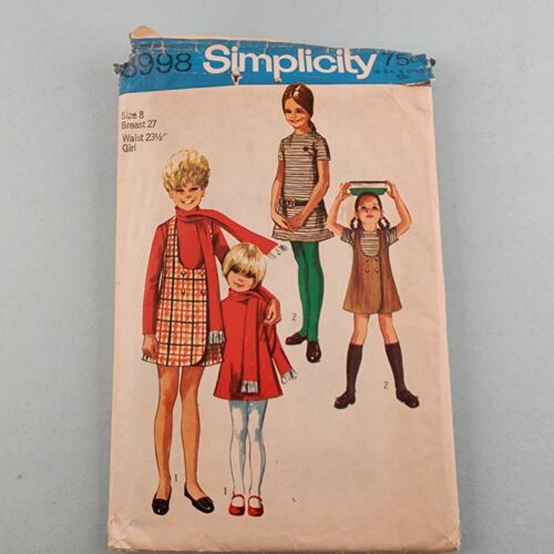 Simplicity 8998 Vintage Girls' Jumper Dress and Scarf Sewing Pattern Cut Size 8