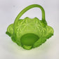 Westmoreland Green Satin Glass Basket Diamond Point Ruffled Candy Dish 6.5" Vtg