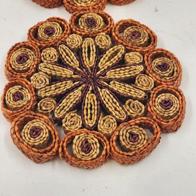 Set of 2 Vtg Straw Rattan Woven Trivets 7" Braided Kitchen Hot Pads Boho Decor