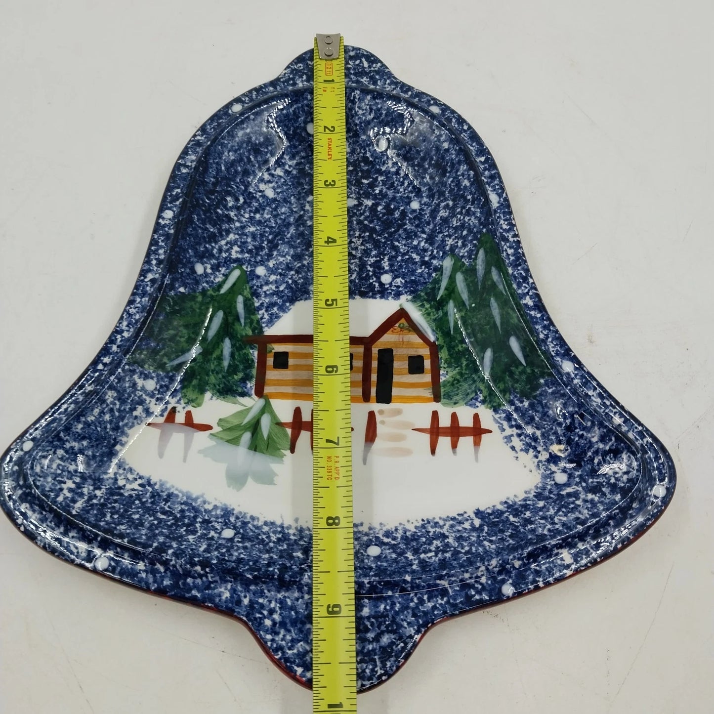 Cook's Bazaar Bell Shaped Plate 10x9" Holly Mountain Lodge Winter Scene Ceramic