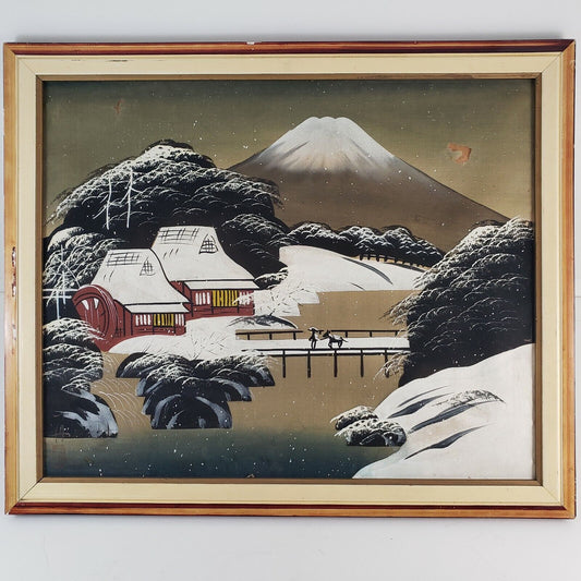 Japanese Landscape Silk Painting Vintage Wood Framed 18"x15” No Glass & 2 Tears