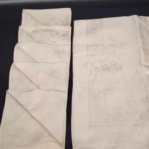 Damask Beige Tablecloth 66" x 50" with 5 Matching Napkins 12" x 12" Vintage MCM