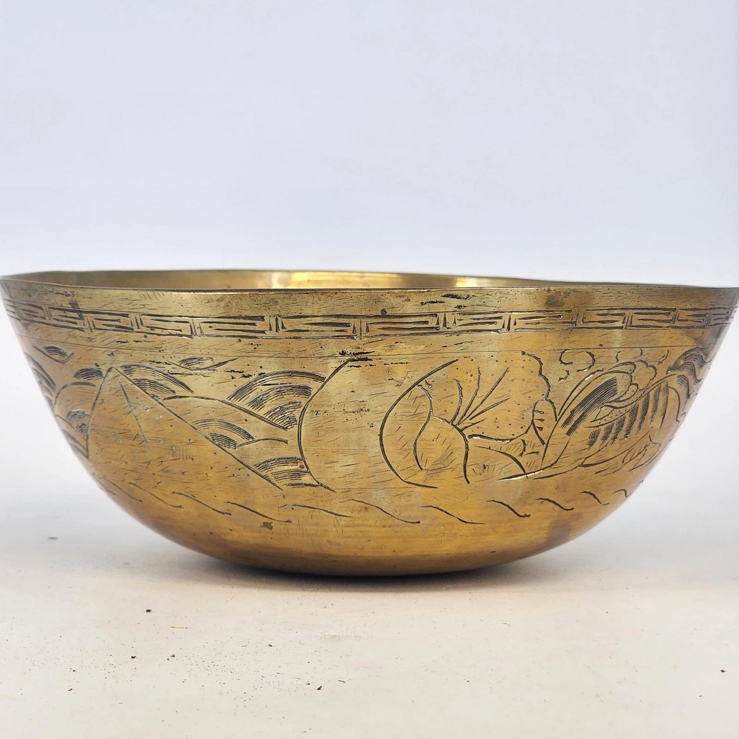 Chinese Solid Brass Engraved Bowl Dragon Phoenix Design 10"x4" MCM Vintage