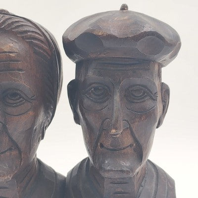 Hand Carved Wood Bookends Man & Woman Bust Folk Art Black Forest Vintage