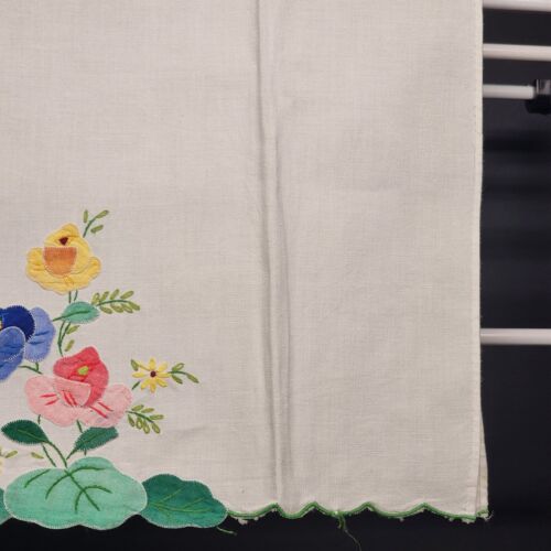 Lot of 3 Linen Tea Towels Embroidered And Appliqued Pink Blue Green Vintage