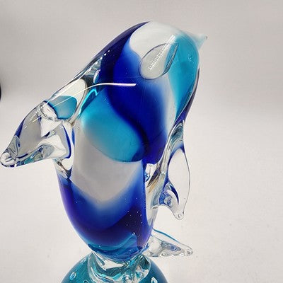 Art Glass Dolphin Figurine Leaping Over Cobalt Blue Ball 7" Paperweight