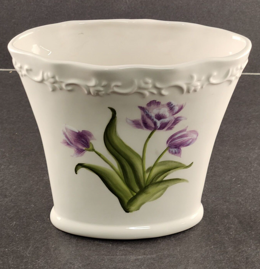 FTD Oval Ceramic Vase Purple Tulips Green Leaves Vintage 6.5" x 3.5" x 5.75"