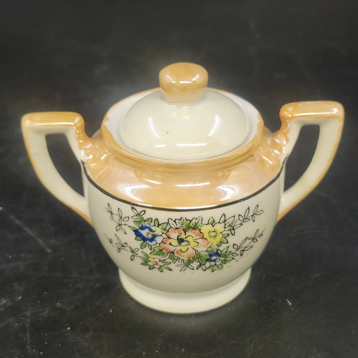 Floral Lusterware Creamer & Covered Sugar Bowl Set Gold Trim Handle Japan