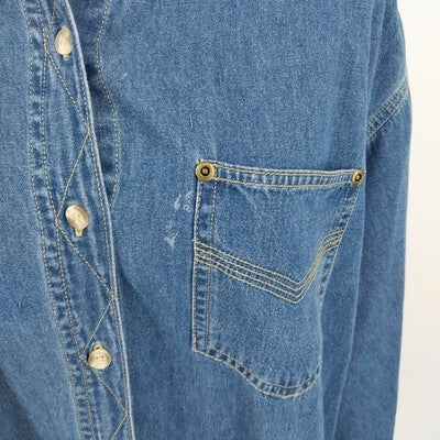 Solutions Blue Denim Shirt L Leopard Print Collar Cuffs Button Up 100% Cotton
