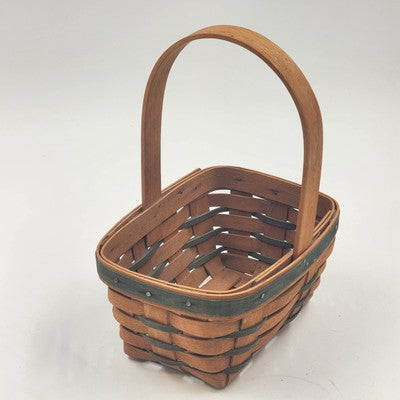 Longaberger Handwoven Basket Green Stripes Vintage 1993 Wood Handle 7"x5"