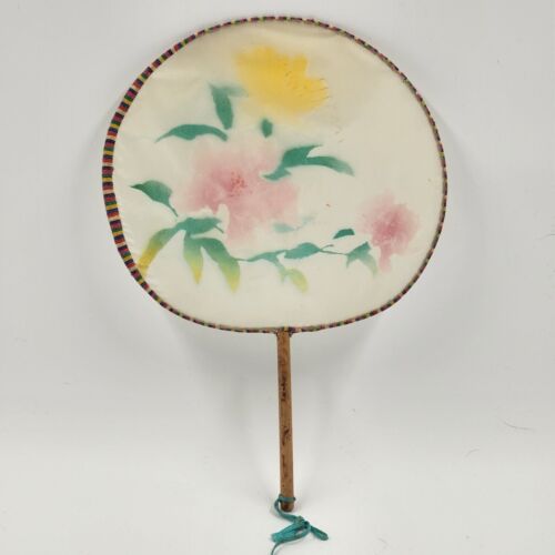 Floral Rice Paper Hand Fan Bamboo Handle Tie String 1940-1950 Japan 12" x 8.5"