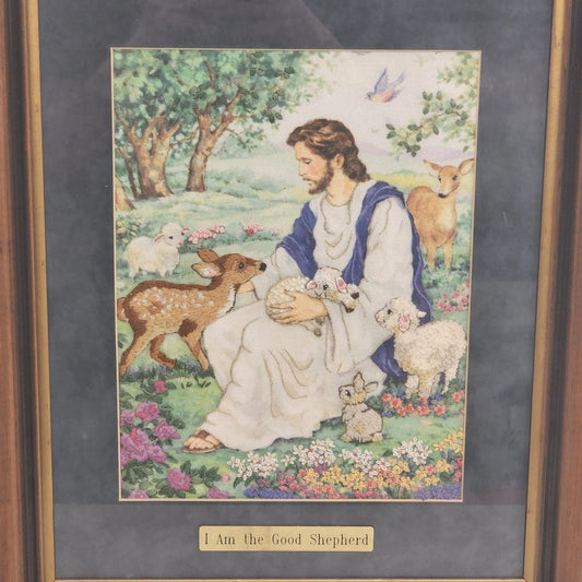 Framed Wall Art Jesus in Garden Surrounded by Animals "I Am the Good Shepherd"
