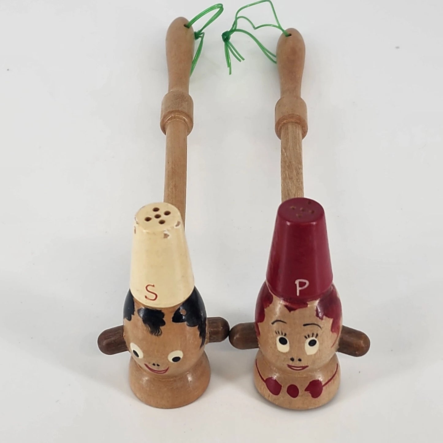 Chef Salt & Pepper Shakers Set Wood Long Handle 3" Japan 1950's Kitchen Decor