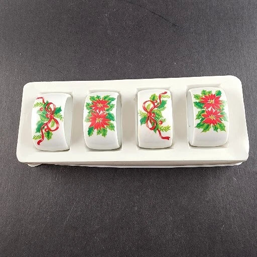 4 Christmas Napkin Rings Set Poinsettia & Holly Handcrafted Porcelain NOS