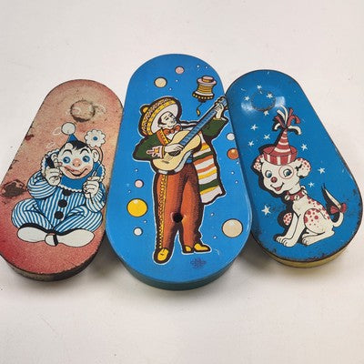 Set of 3 Tin Litho Toy Noisemakers 4.5" Circus Party Grinders 1940s Vintage