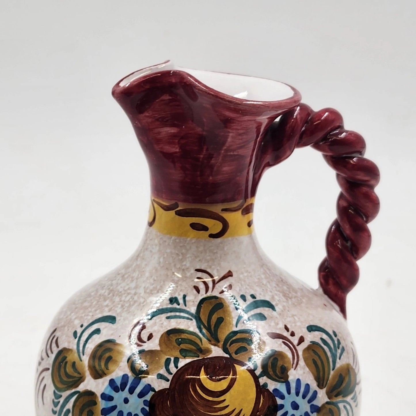 Italian Ceramic Pottery Pitcher Hand Painted Bright Floral Twist Handle 8.5"