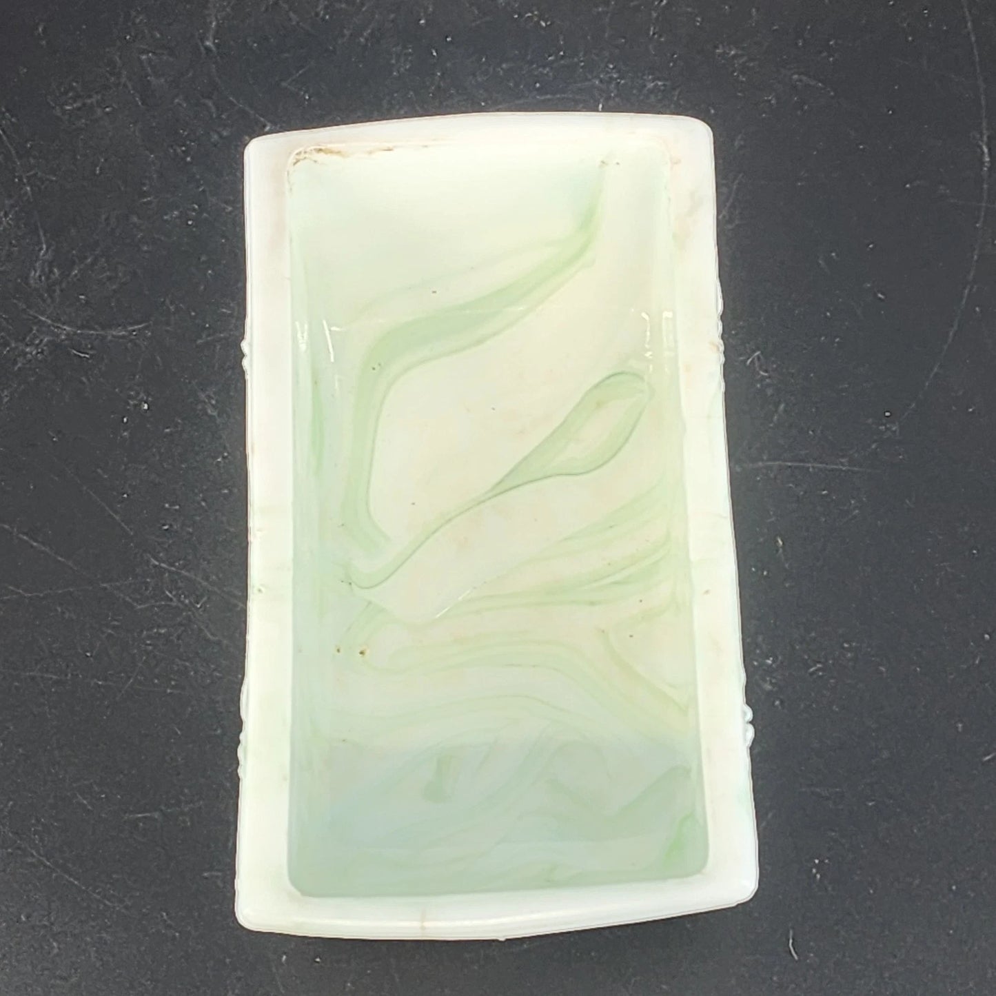 Akro Agate Slag Glass Planter Green White Marble Daffodil Floral Dish 1940's Vtg