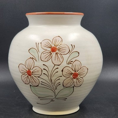 Hungarian Artmark Vase Hand Painted Floral Ceramic Brown Glaze Interior 10"x9"