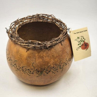 Sun Dried Gourd Bowl Carved Floral The Wild Gourd Studio Lacy Vine Rim 10"x7.5"h