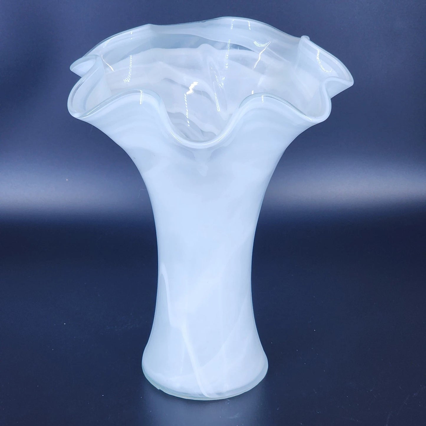 Frosted Art Glass Large Vase 11" Ruffled Scalloped Top White Swirl Hand Blown