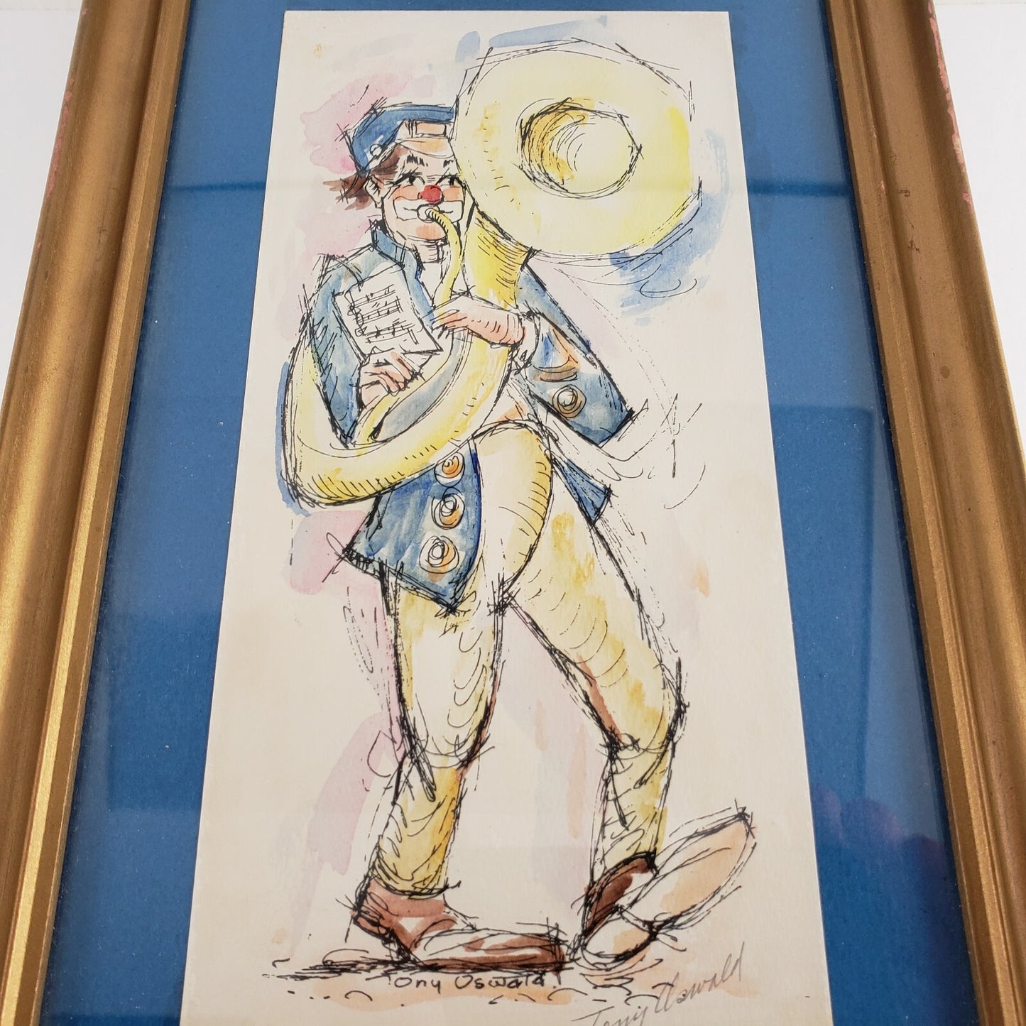Framed Print Sketch of Clown Playing Big Horn Blue Watercolor Tony Oswald Signed