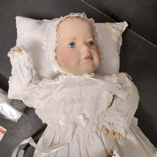 Porcelain The Victorian Christening Doll by Franklin Heirloom Dolls with Stand