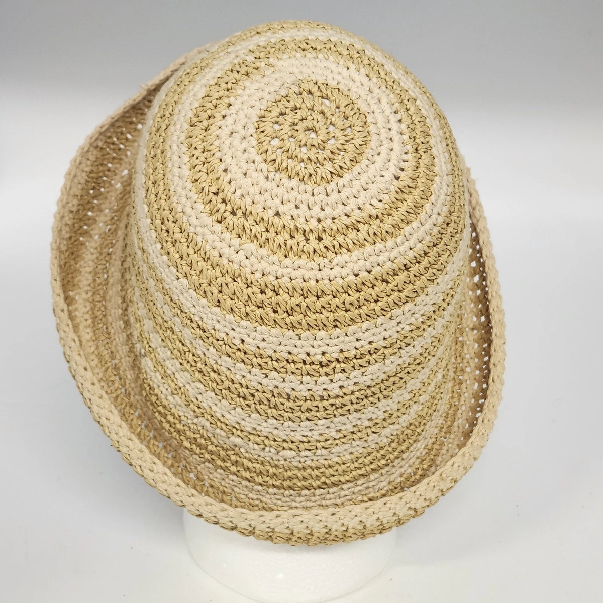 Women's Cloche Sun Hat Rolled Brim Cream Tan Striped Woven Paper Cotton OSFM