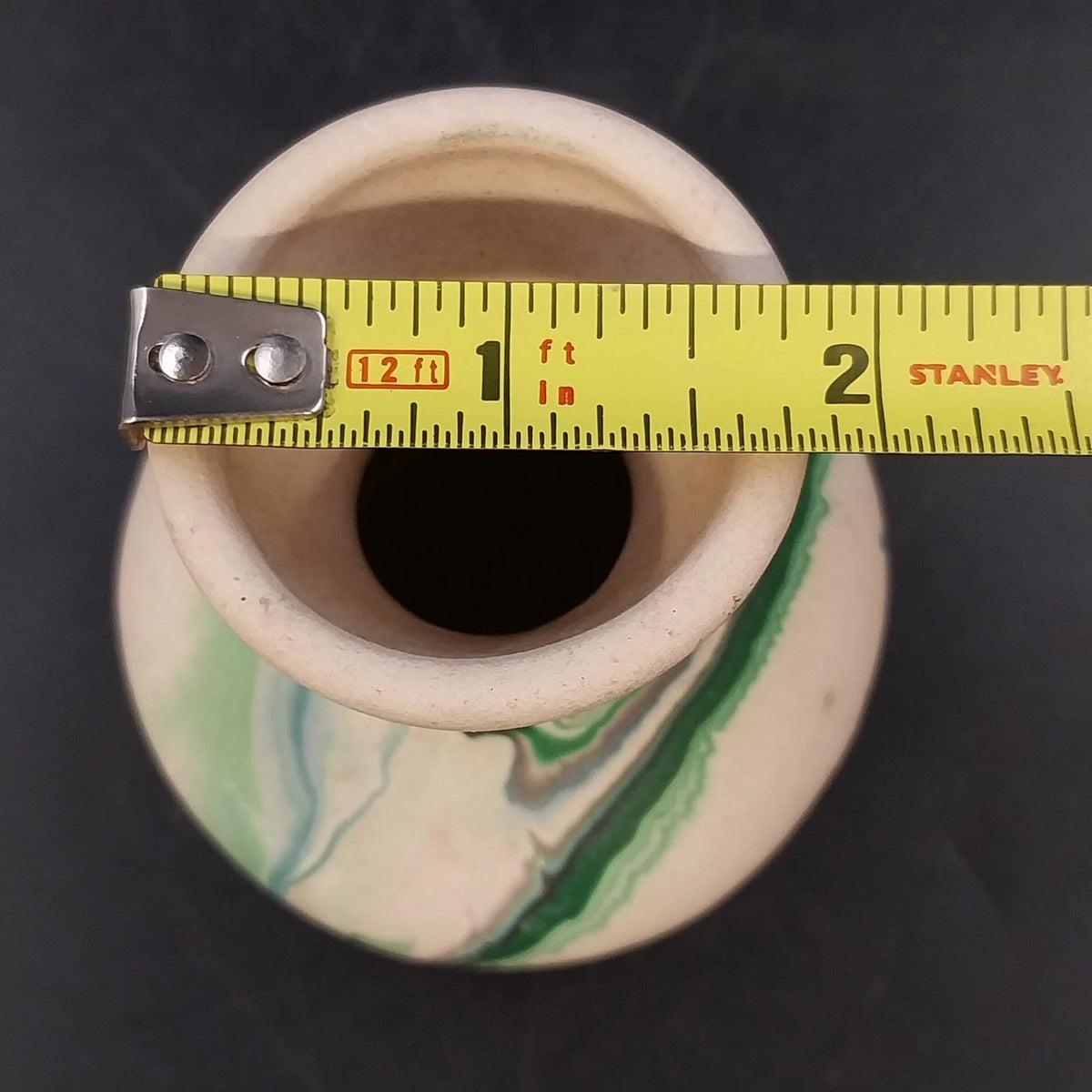 Nemadji Pottery Green Gray Swirl Bud Vase 3.5" USA Vintage