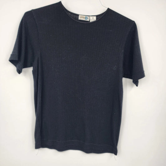 Paul Harris Black Ribbed Knit Top Women's Medium Stretch Short Sleeve Shirt